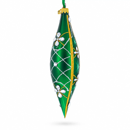 Emerald Jeweled Lattice Elongated Pointed Teardrop Finial Glass Christmas Ornament