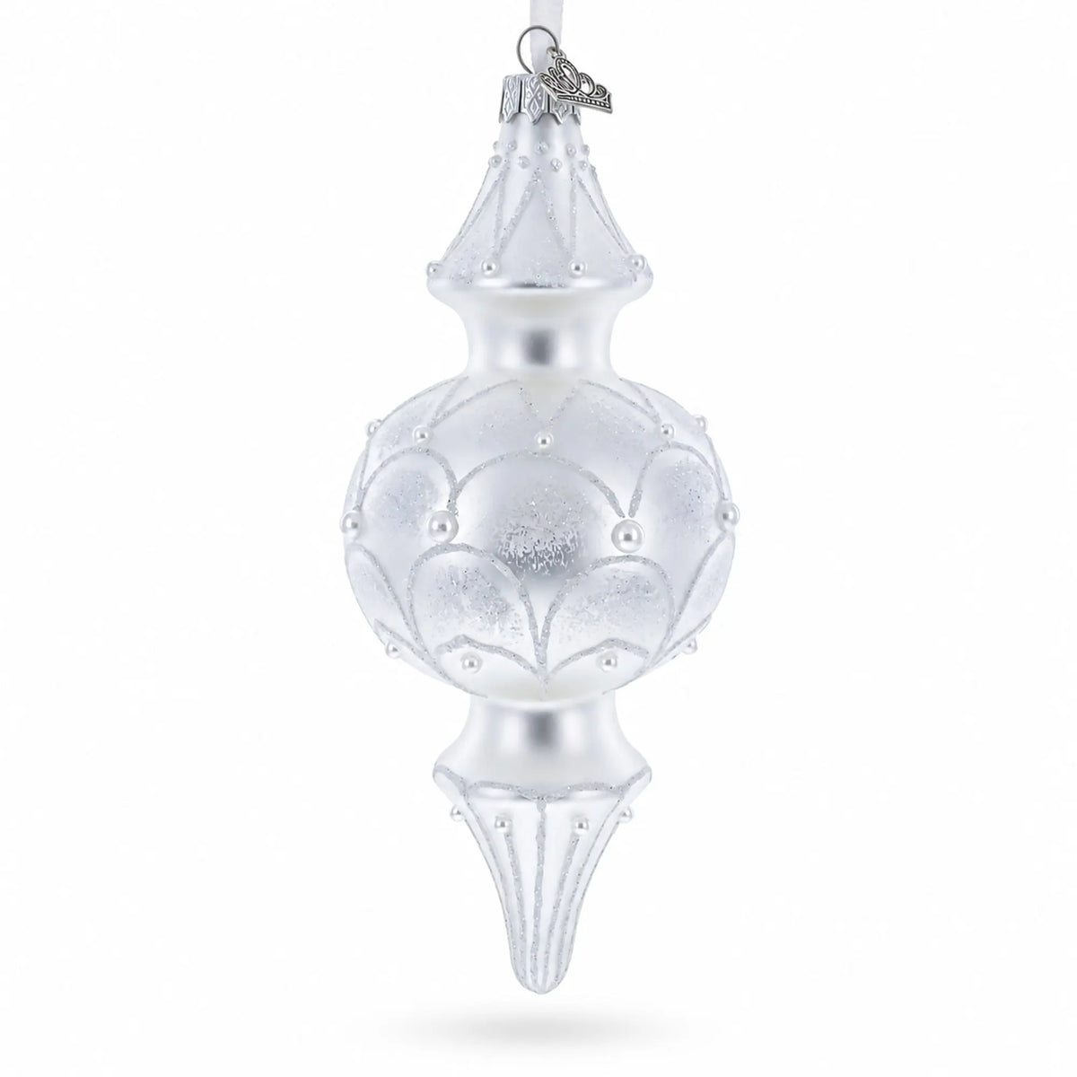 Snowy Pearl Double-Ended Finial Drop Glass Christmas Ornament