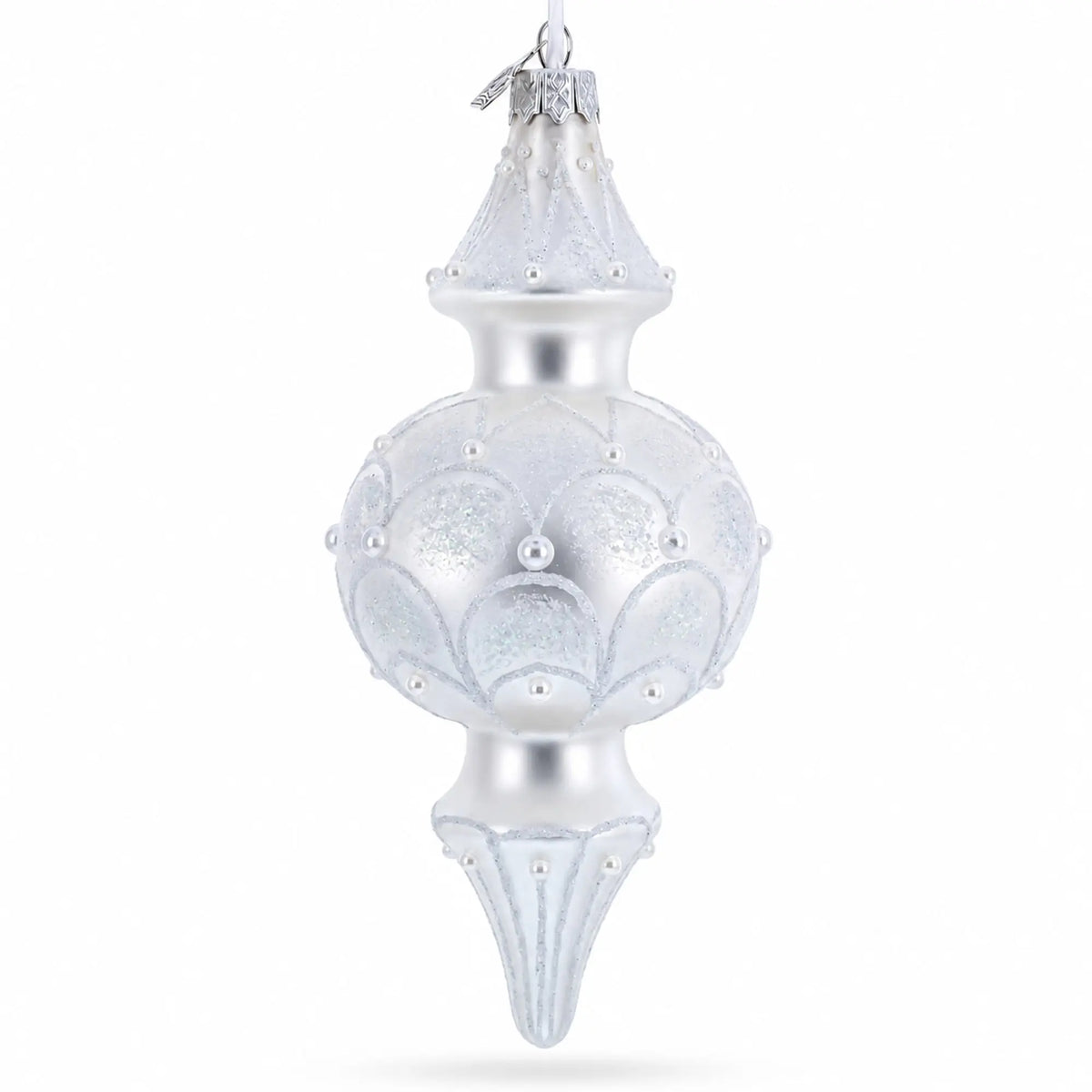 Snowy Pearl Double-Ended Finial Drop Glass Christmas Ornament