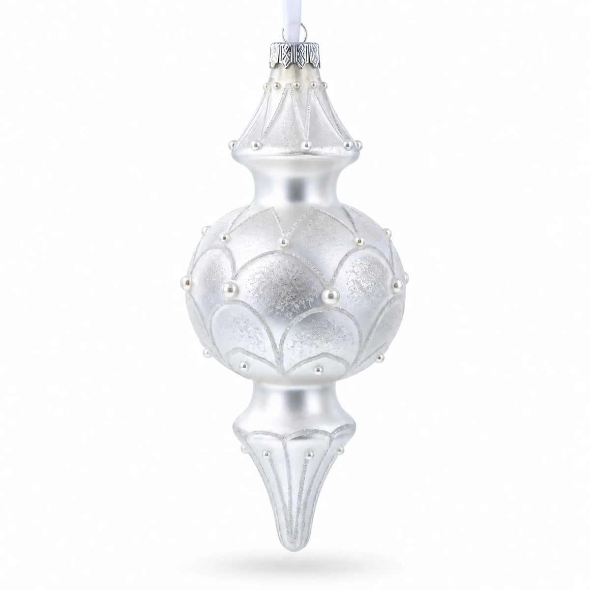 Snowy Pearl Double-Ended Finial Drop Glass Christmas Ornament