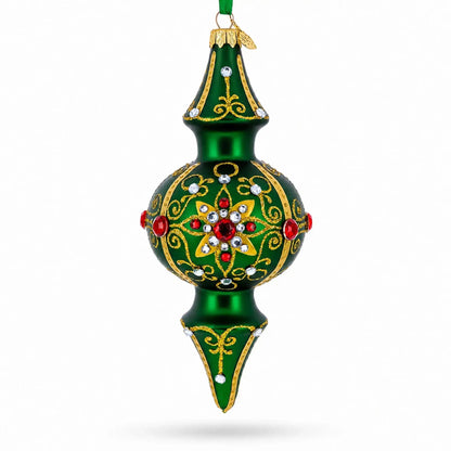 Emerald Baroque Jeweled Double-Ended Finial Drop Glass Christmas Ornament