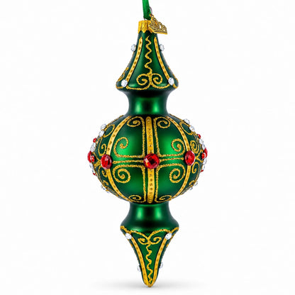 Emerald Baroque Jeweled Double-Ended Finial Drop Glass Christmas Ornament