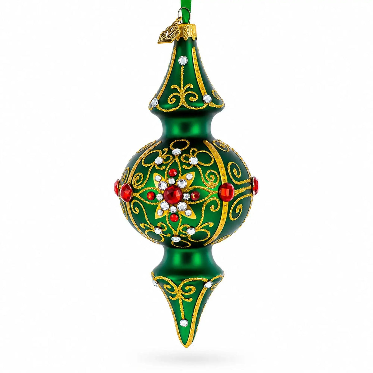 Emerald Baroque Jeweled Double-Ended Finial Drop Glass Christmas Ornament