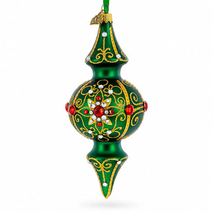 Emerald Baroque Jeweled Double-Ended Finial Drop Glass Christmas Ornament