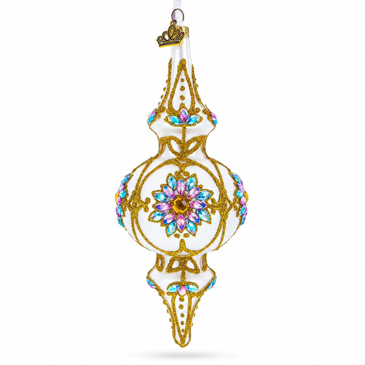 Pearl White Baroque Double-Ended Finial Drop Glass Christmas Ornament