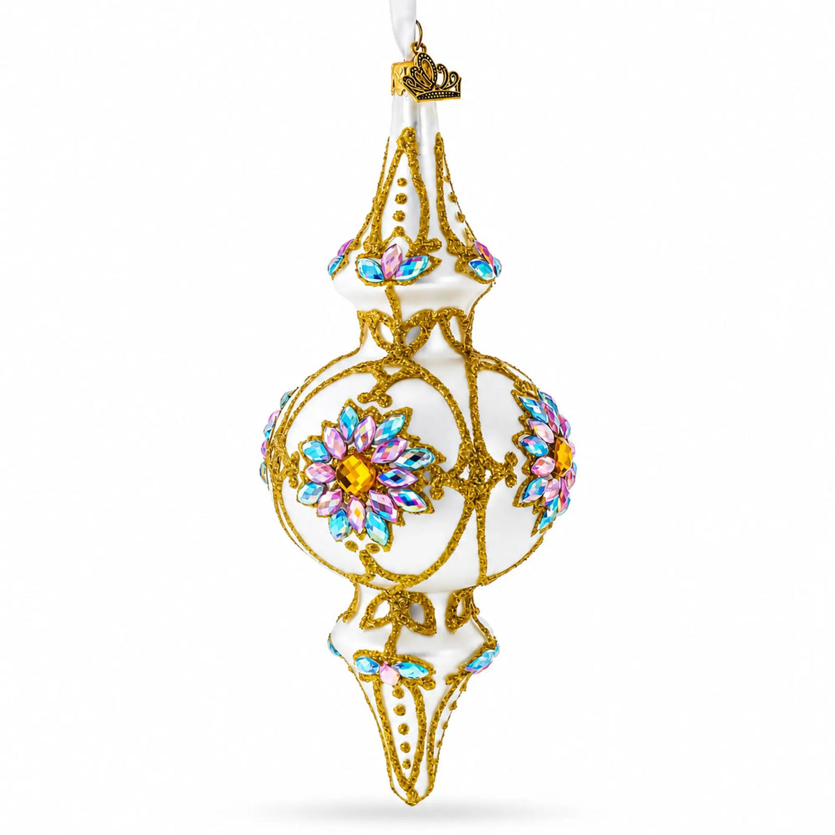 Pearl White Baroque Double-Ended Finial Drop Glass Christmas Ornament