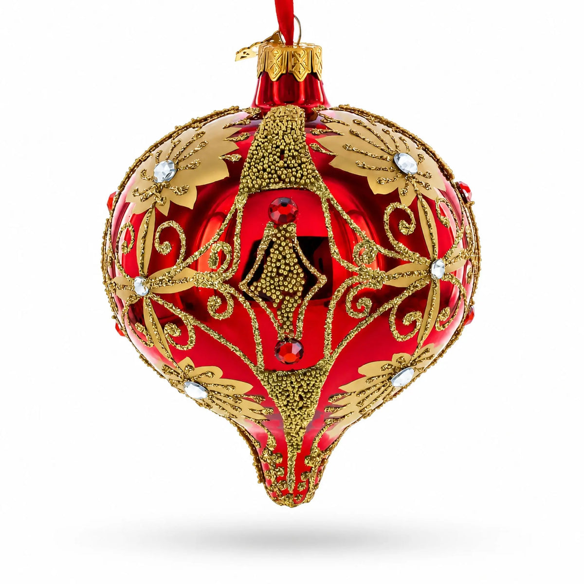 Regal Red & Gold Scrollwork Jeweled Onion-Shape Finial Glass Christmas Ornament