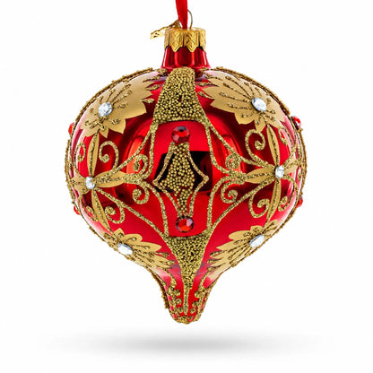 Regal Red & Gold Scrollwork Jeweled Onion-Shape Finial Glass Christmas Ornament
