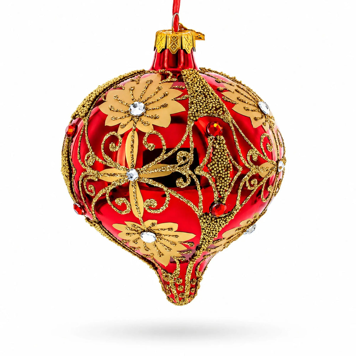 Regal Red & Gold Scrollwork Jeweled Onion-Shape Finial Glass Christmas Ornament