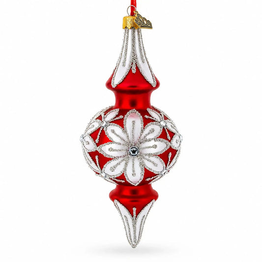 Silver Jeweled Poinsettia Bloom Double-Ended Finial Drop Glass Christmas Ornament BestPysanky Default Title Default Title-