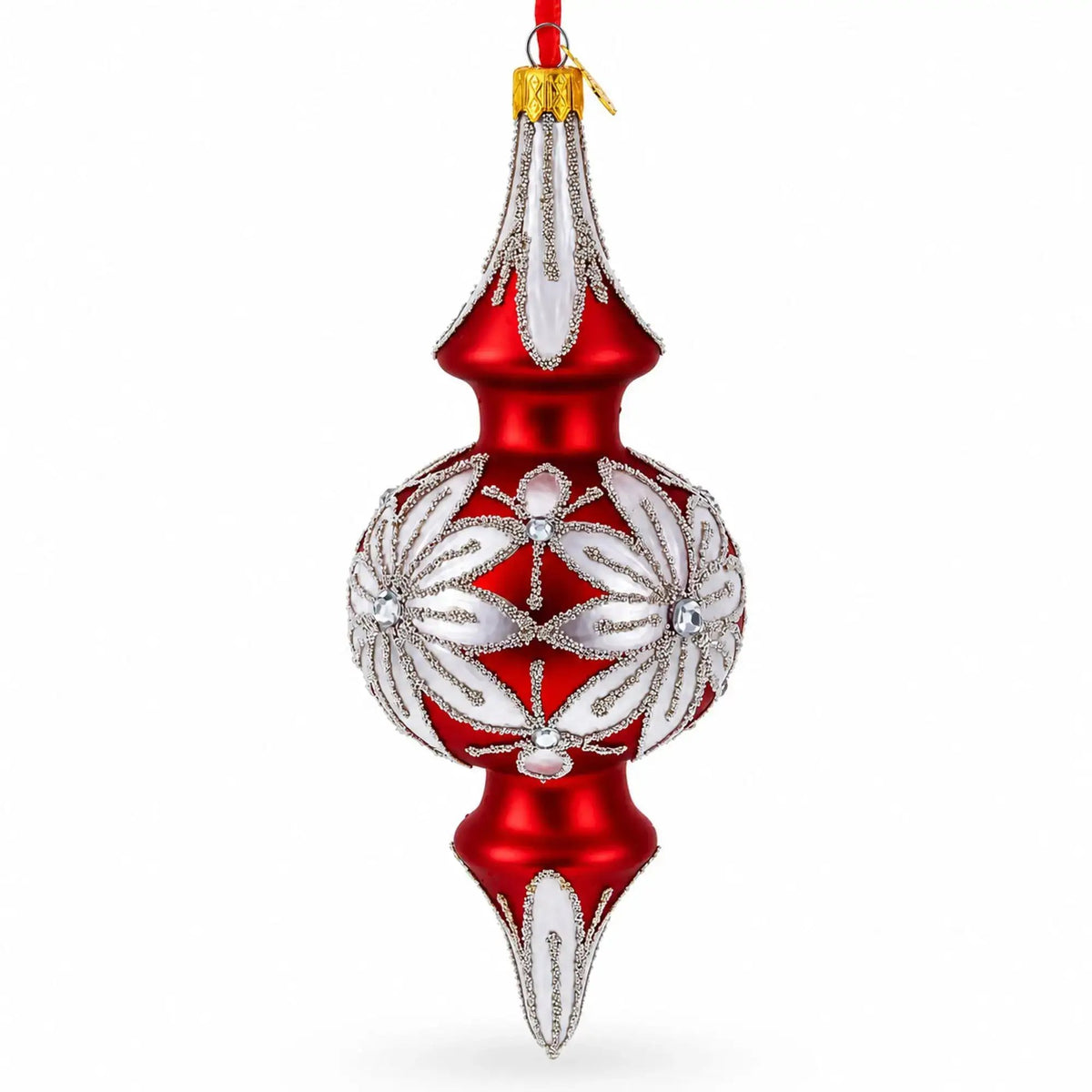 Silver Jeweled Poinsettia Bloom Double-Ended Finial Drop Glass Christmas Ornament