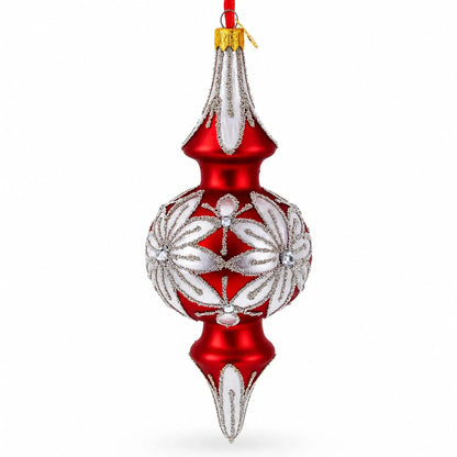 Silver Jeweled Poinsettia Bloom Double-Ended Finial Drop Glass Christmas Ornament