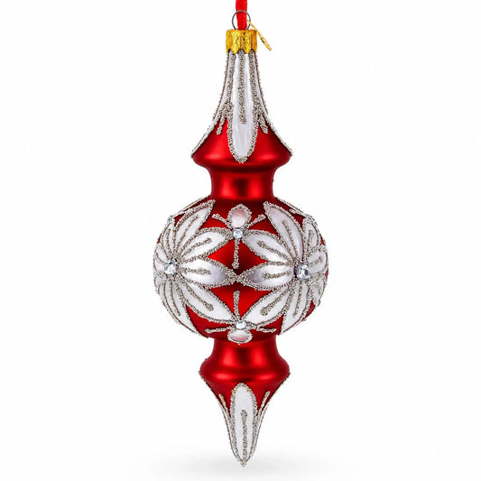 Silver Jeweled Poinsettia Bloom Double-Ended Finial Drop Glass Christmas Ornament BestPysanky Default Title Default Title-