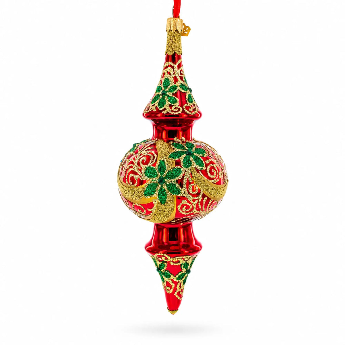 Holly & Gold Scroll Double-Ended Finial Drop Glass Christmas Ornament