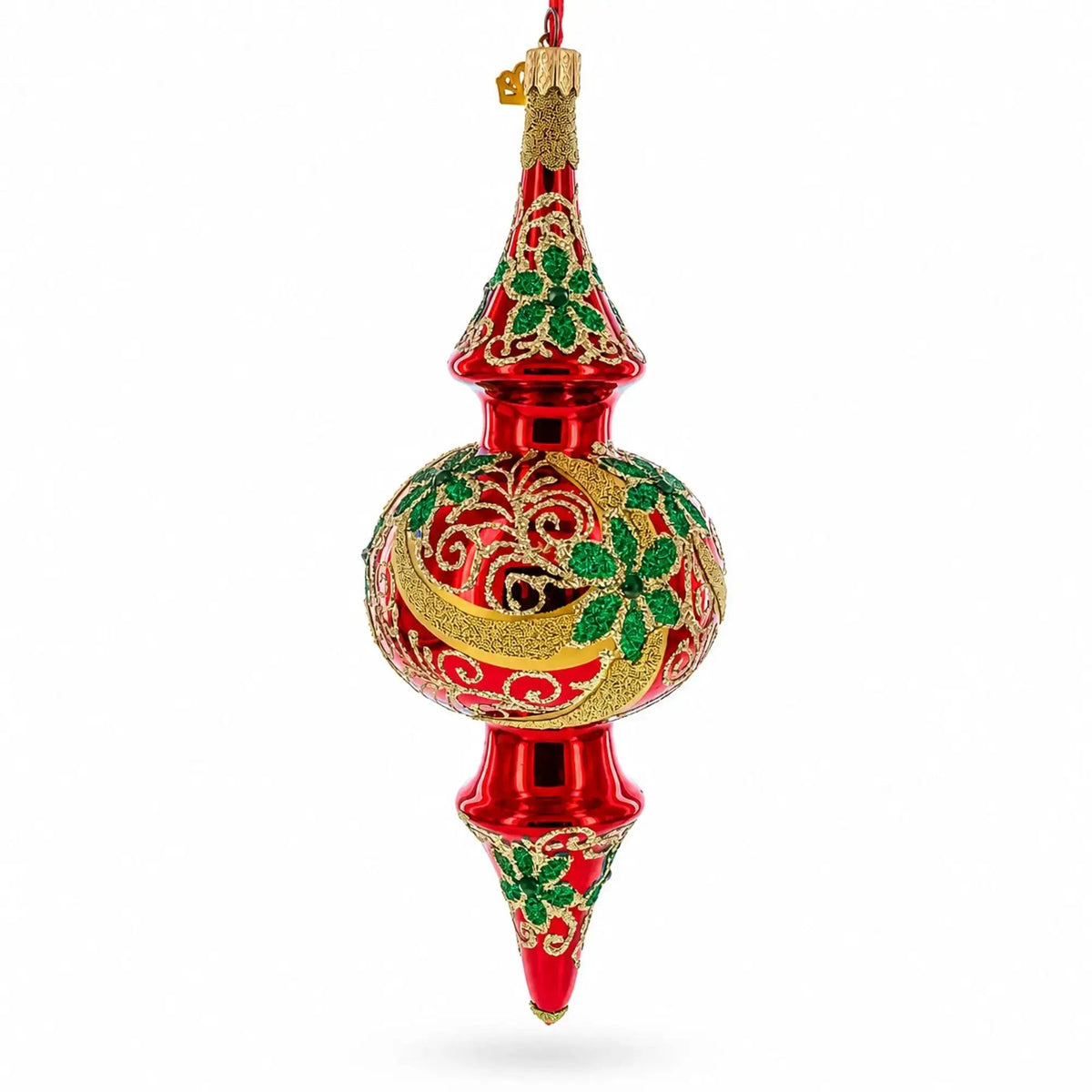 Holly & Gold Scroll Double-Ended Finial Drop Glass Christmas Ornament