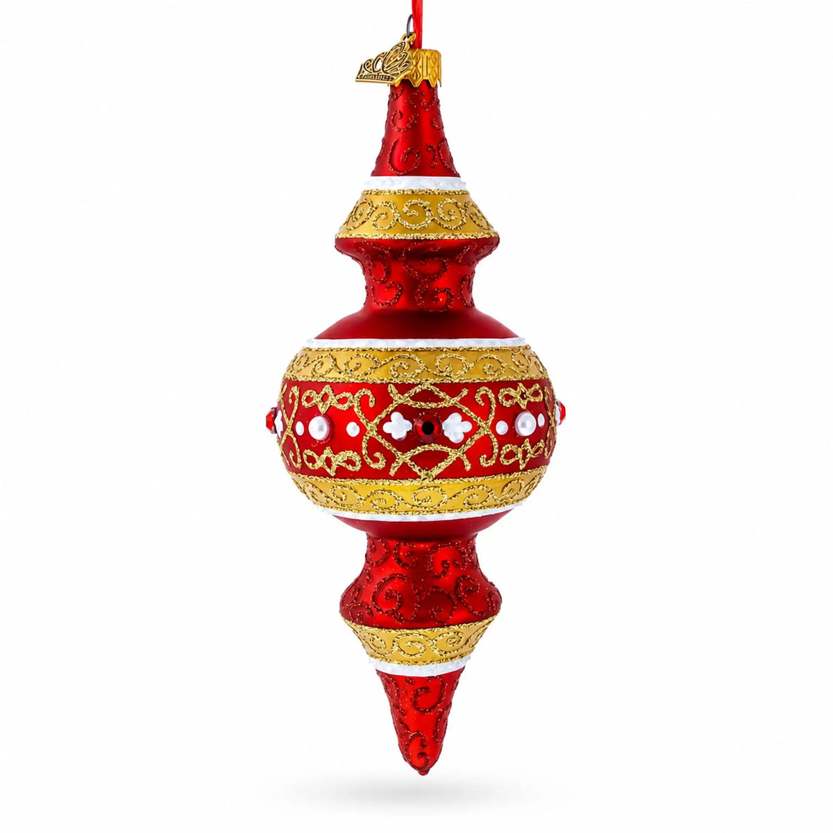 Golden Scroll & Pearl Trim Double-Ended Finial Drop Glass Christmas Ornament