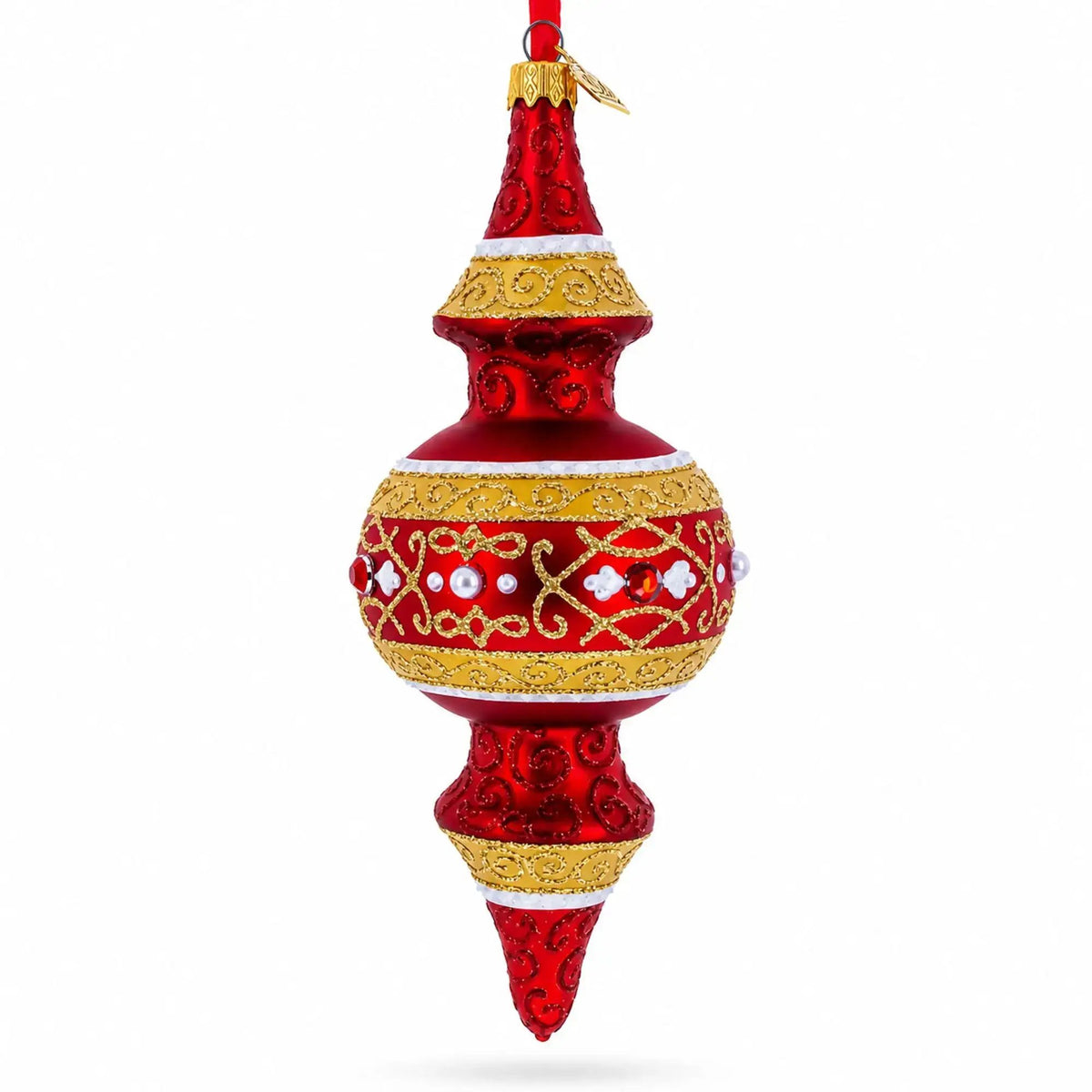 Golden Scroll & Pearl Trim Double-Ended Finial Drop Glass Christmas Ornament