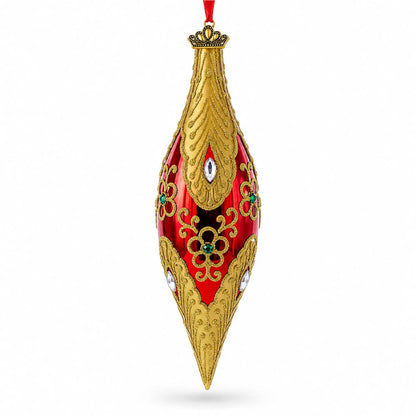 Gilded Petal & Pearl Elongated Pointed Teardrop Finial Glass Christmas Ornament