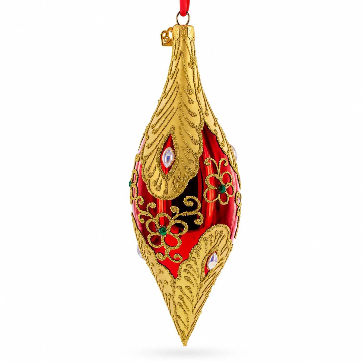Gilded Petal & Pearl Elongated Pointed Teardrop Finial Glass Christmas Ornament