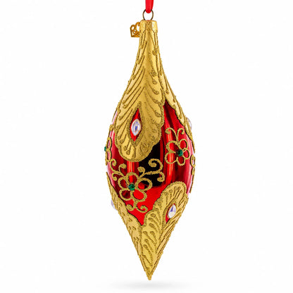 Gilded Petal & Pearl Elongated Pointed Teardrop Finial Glass Christmas Ornament