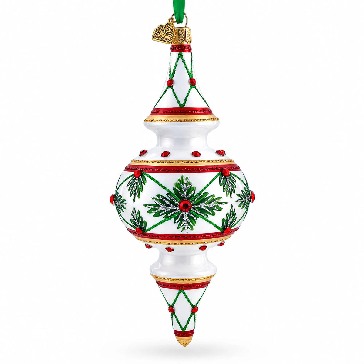 Winter Lattice & Holly Star Jeweled Double-Ended Finial Drop Glass Christmas Ornament