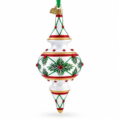 Winter Lattice & Holly Star Jeweled Double-Ended Finial Drop Glass Christmas Ornament