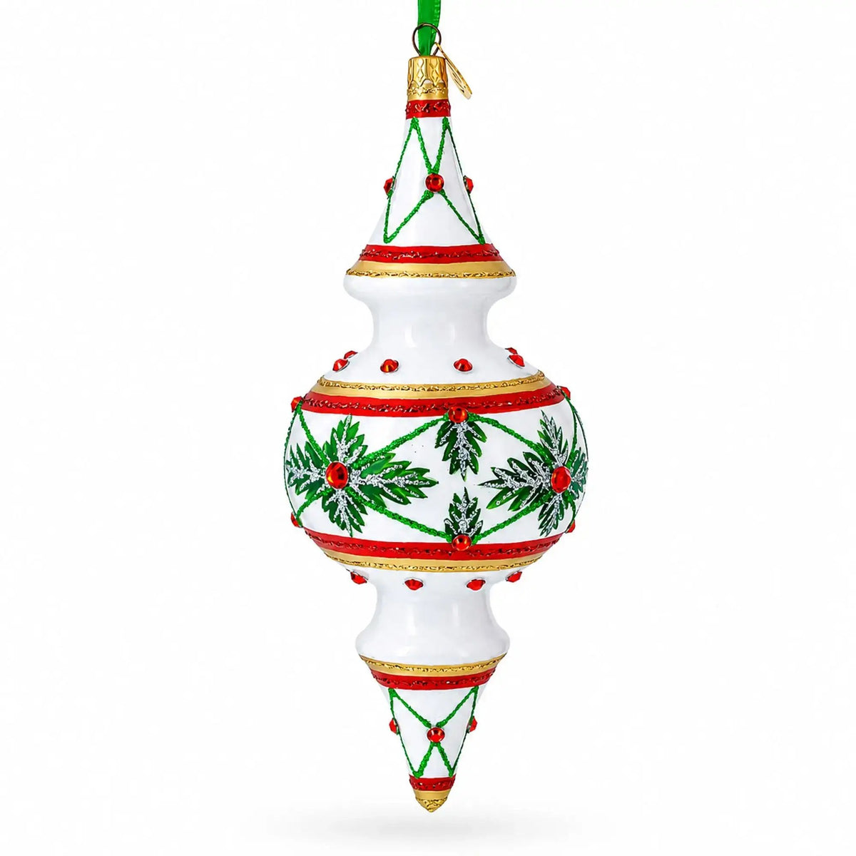 Winter Lattice & Holly Star Jeweled Double-Ended Finial Drop Glass Christmas Ornament