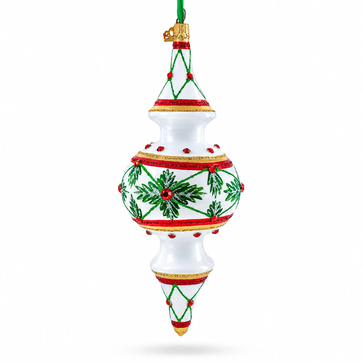 Winter Lattice & Holly Star Jeweled Double-Ended Finial Drop Glass Christmas Ornament