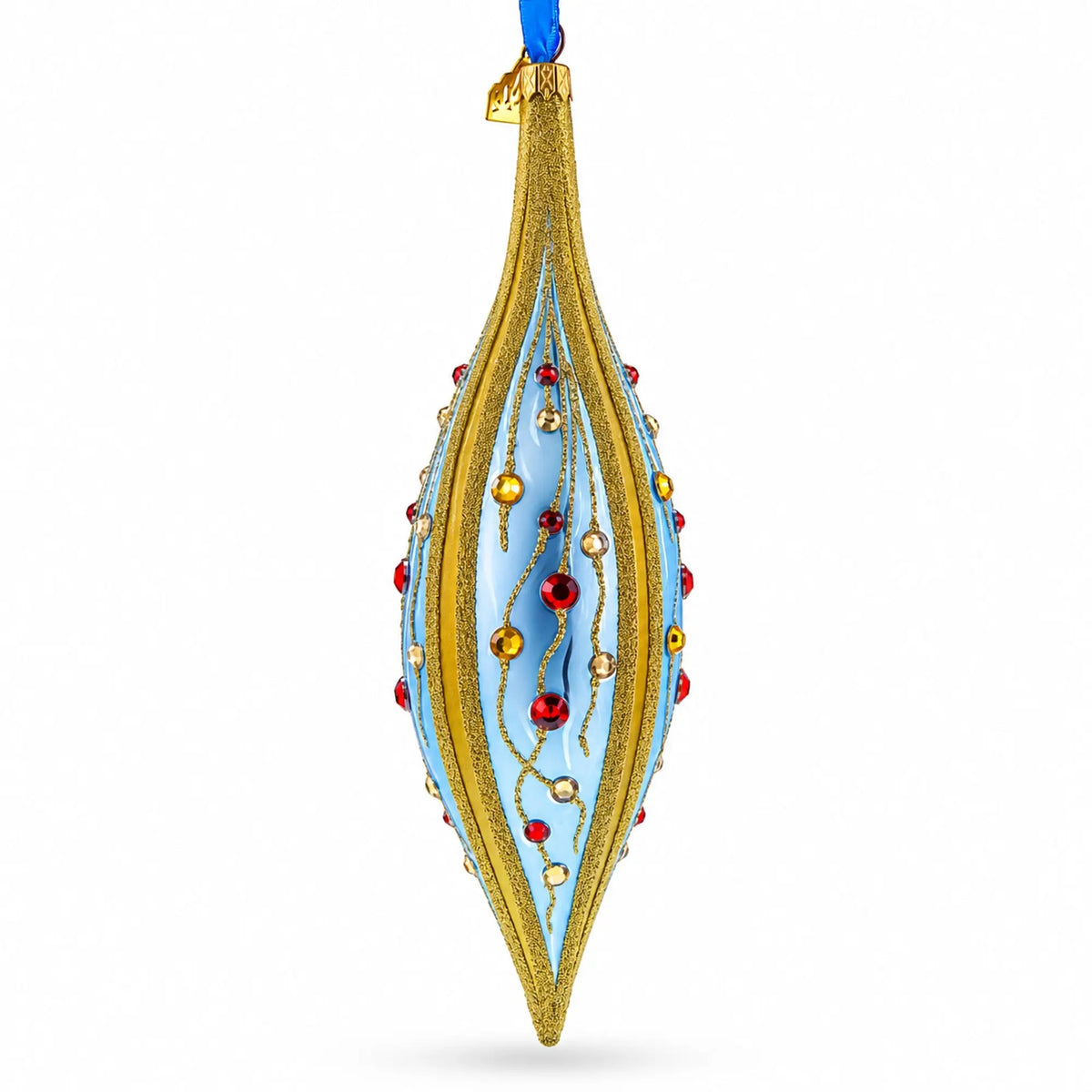 Blue and Gold Jeweled Vine Elongated Pointed Teardrop Finial Glass Christmas Ornament
