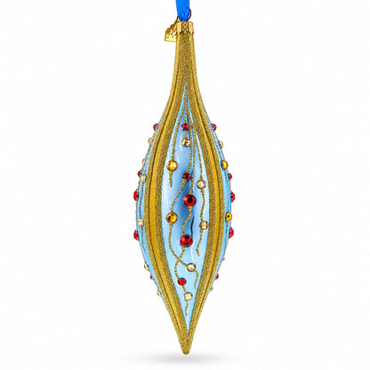 Blue and Gold Jeweled Vine Elongated Pointed Teardrop Finial Glass Christmas Ornament