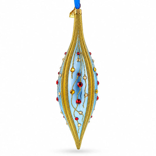 Blue and Gold Jeweled Vine Elongated Pointed Teardrop Finial Glass Christmas Ornament BestPysanky Default Title Default Title-