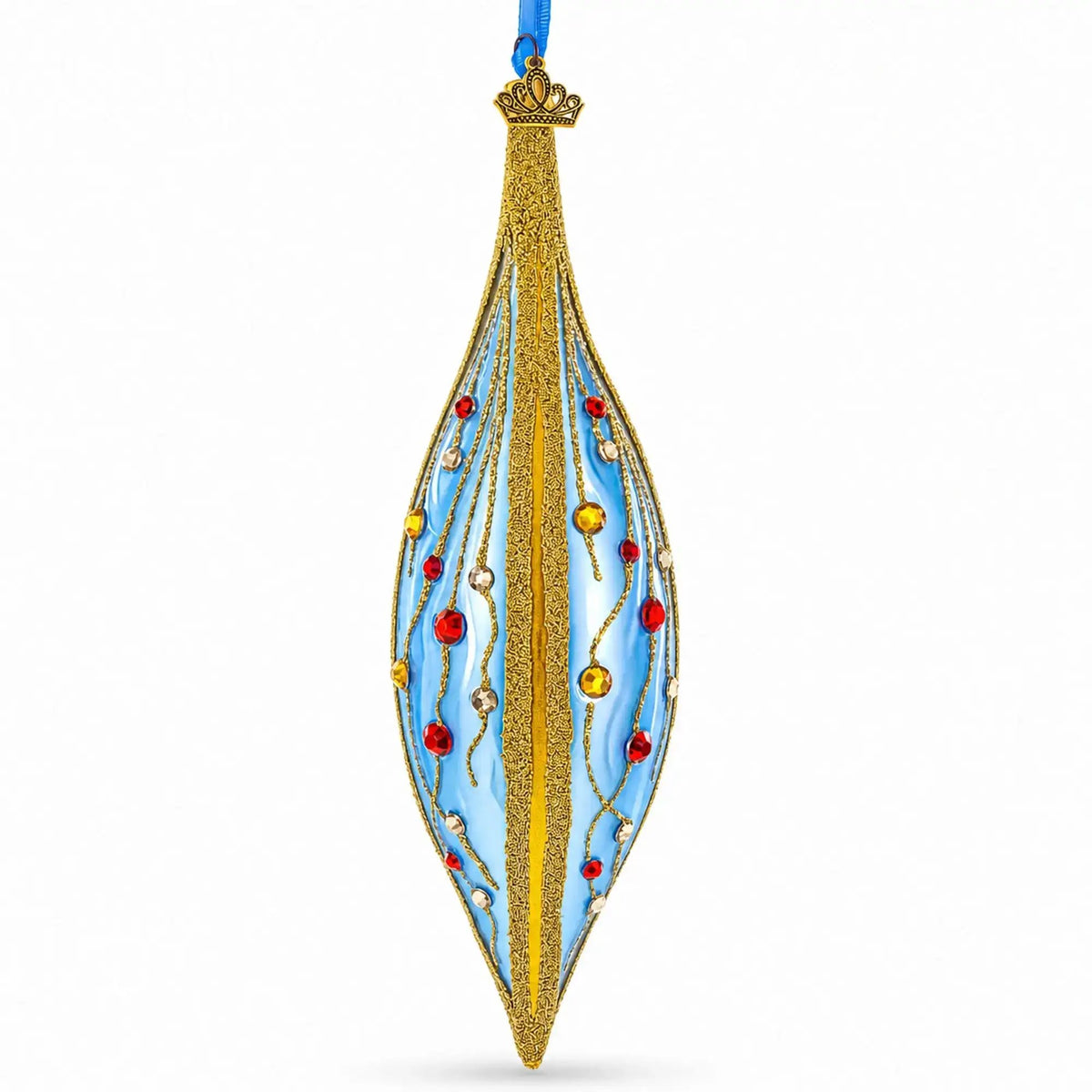 Blue and Gold Jeweled Vine Elongated Pointed Teardrop Finial Glass Christmas Ornament
