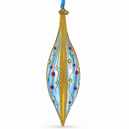 Blue and Gold Jeweled Vine Elongated Pointed Teardrop Finial Glass Christmas Ornament
