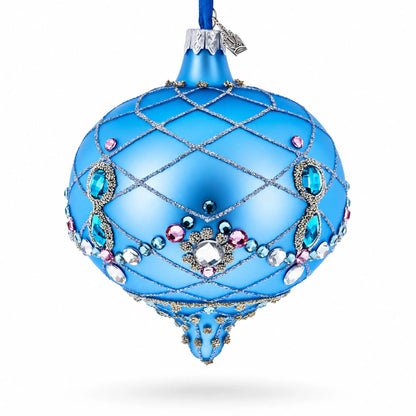 Blue Jeweled Lattice Diamond Onion-Shape Finial Glass Christmas Ornament