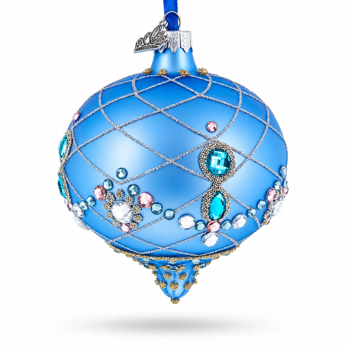 Blue Jeweled Lattice Diamond Onion-Shape Finial Glass Christmas Ornament