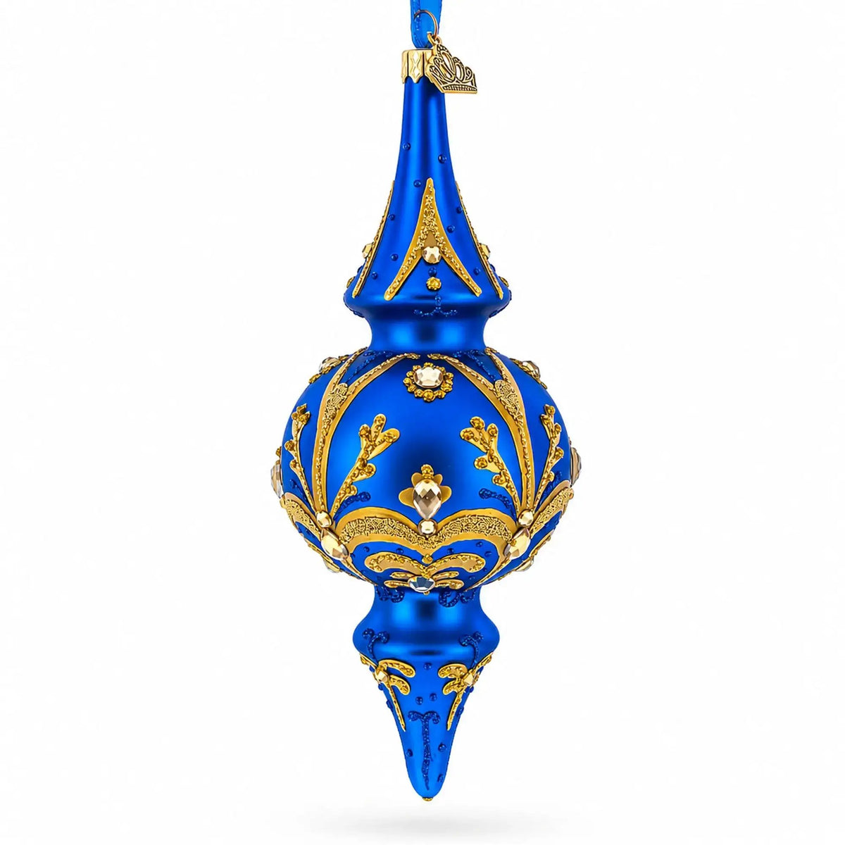 Jeweled Gold Scrollwork's on Blue Double-Ended Finial Drop Glass Christmas Ornament