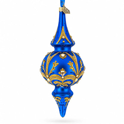Jeweled Gold Scrollwork's on Blue Double-Ended Finial Drop Glass Christmas Ornament