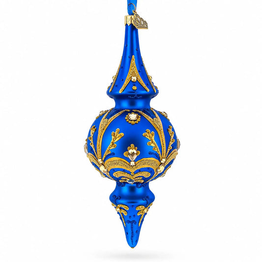 Jeweled Gold Scrollwork's on Blue Double-Ended Finial Drop Glass Christmas Ornament BestPysanky Default Title Default Title-