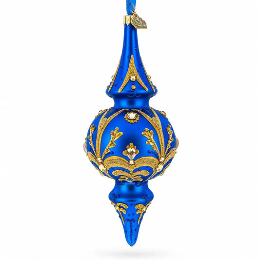 Jeweled Gold Scrollwork's on Blue Double-Ended Finial Drop Glass Christmas Ornament BestPysanky Default Title Default Title-