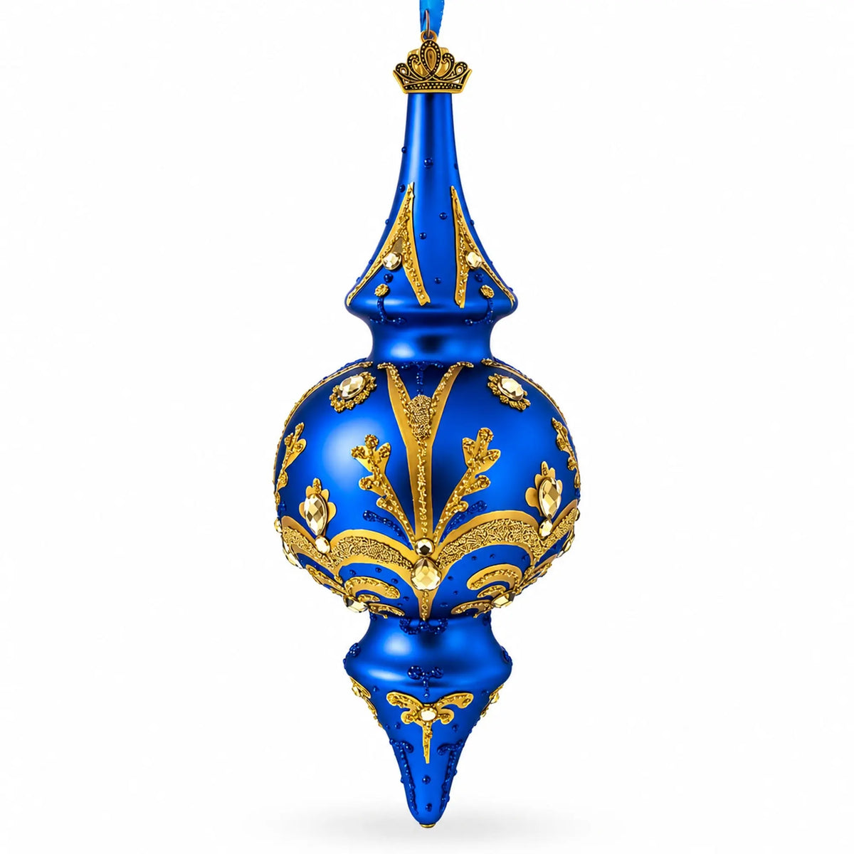 Jeweled Gold Scrollwork's on Blue Double-Ended Finial Drop Glass Christmas Ornament