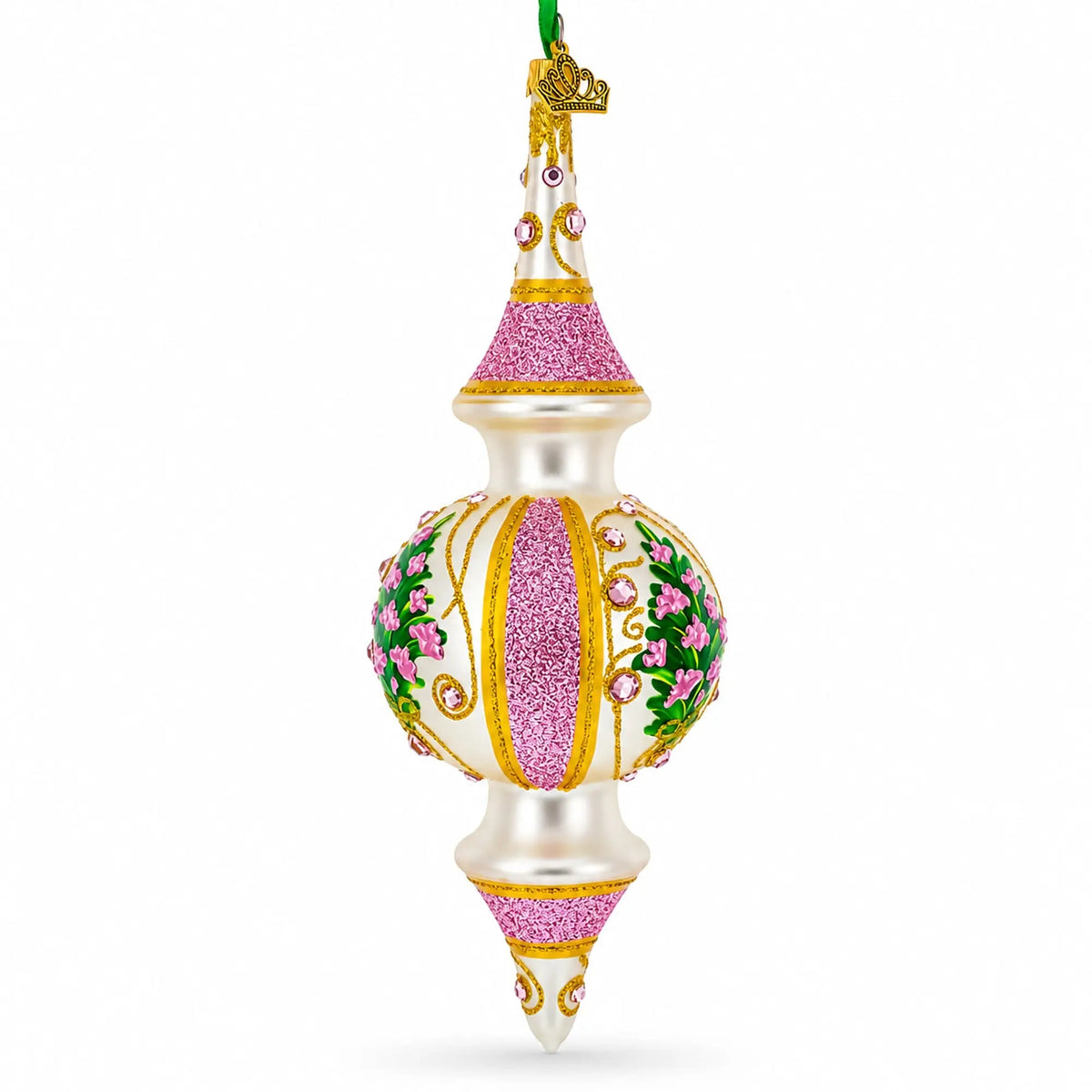 Pink Embossed  Blossom Double-Ended Finial Drop Glass Christmas Ornament
