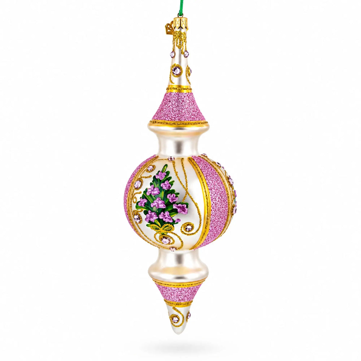 Pink Embossed  Blossom Double-Ended Finial Drop Glass Christmas Ornament