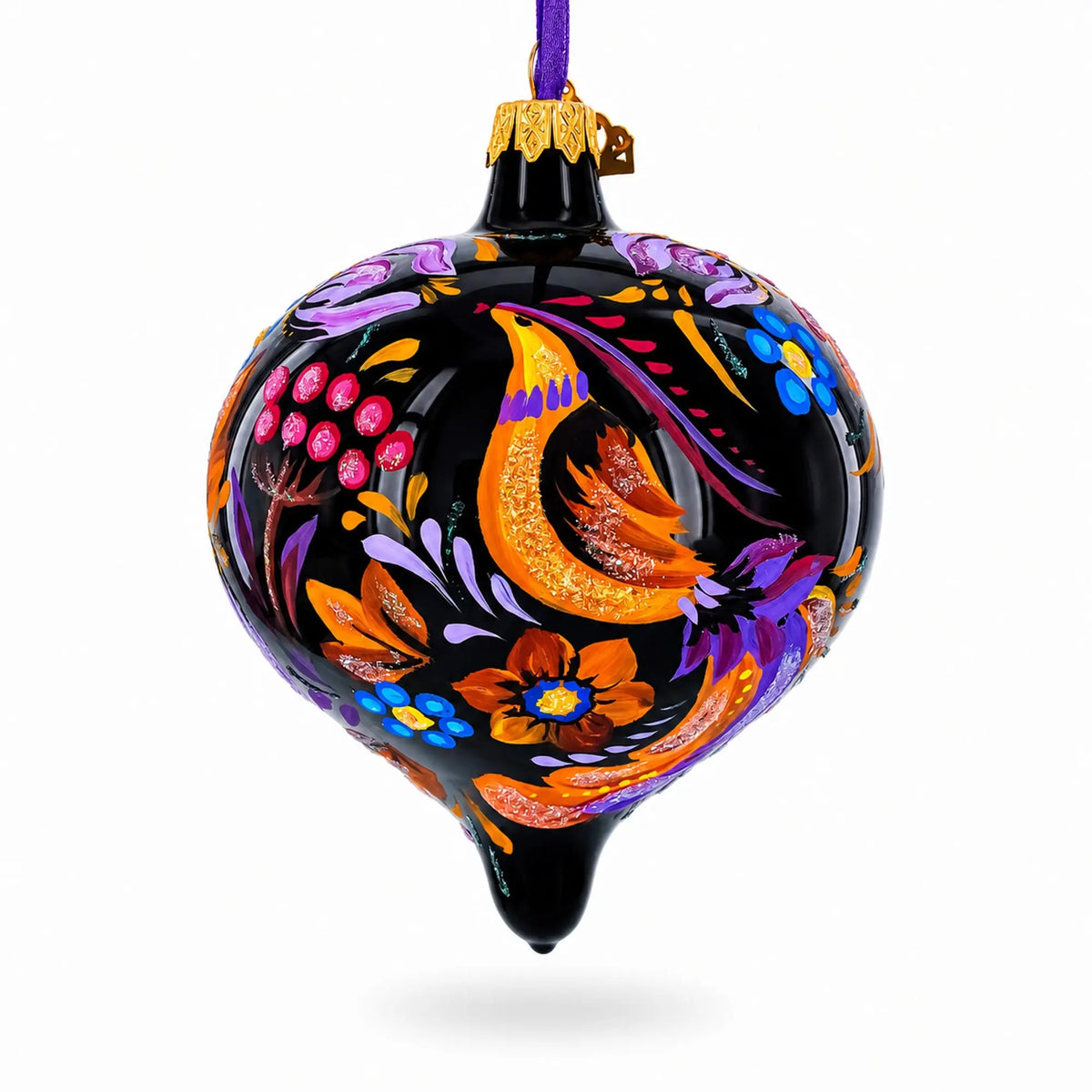 Whimsical Floral and Bird Black Onion-Shape Finial Glass Christmas Ornament