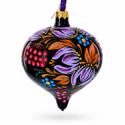 Whimsical Floral and Bird Black Onion-Shape Finial Glass Christmas Ornament