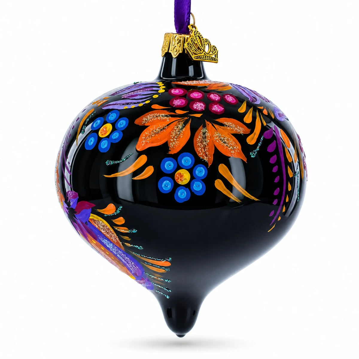 Whimsical Floral and Bird Black Onion-Shape Finial Glass Christmas Ornament