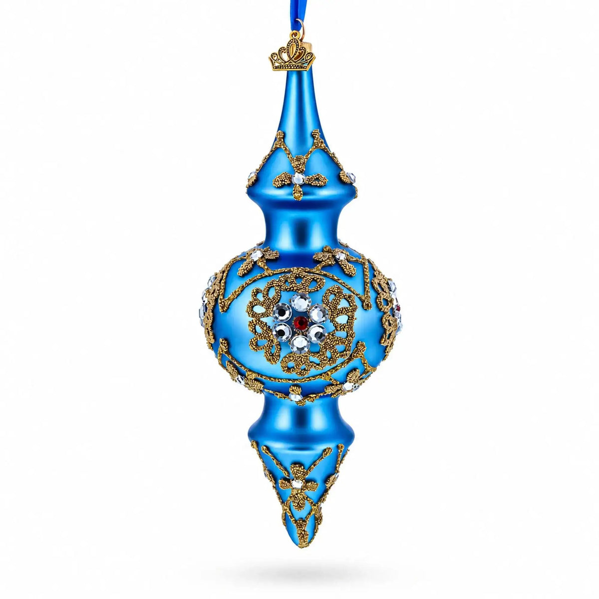 Royal Blue Jeweled Scroll Double-Ended Finial Drop Glass Christmas Ornament
