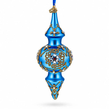 Royal Blue Jeweled Scroll Double-Ended Finial Drop Glass Christmas Ornament