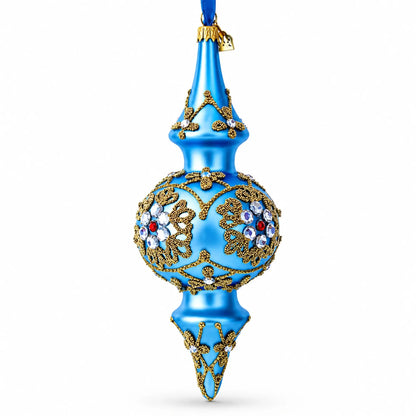 Royal Blue Jeweled Scroll Double-Ended Finial Drop Glass Christmas Ornament