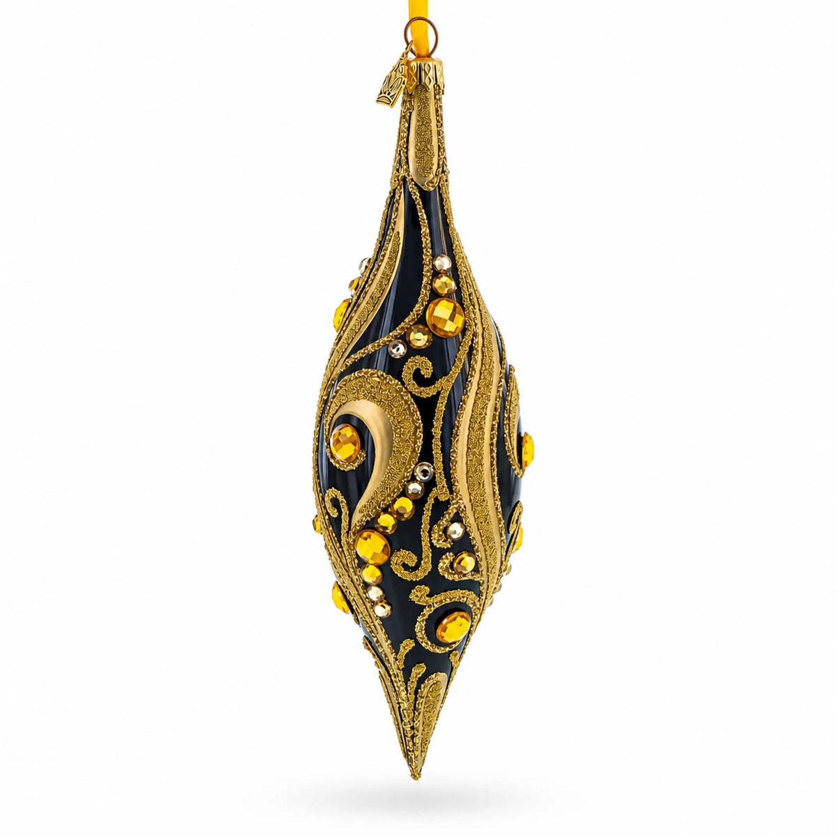 Black & Gold Jeweled Swirl Elongated Pointed Teardrop Finial Glass Christmas Ornament