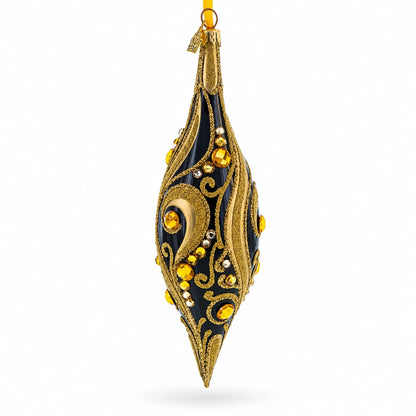 Black & Gold Jeweled Swirl Elongated Pointed Teardrop Finial Glass Christmas Ornament